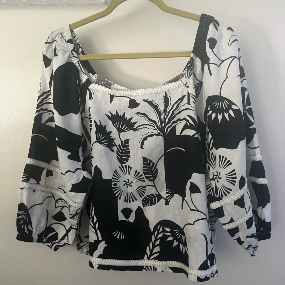 Nicole Miller Black and White Floral Women's Linen Top XL